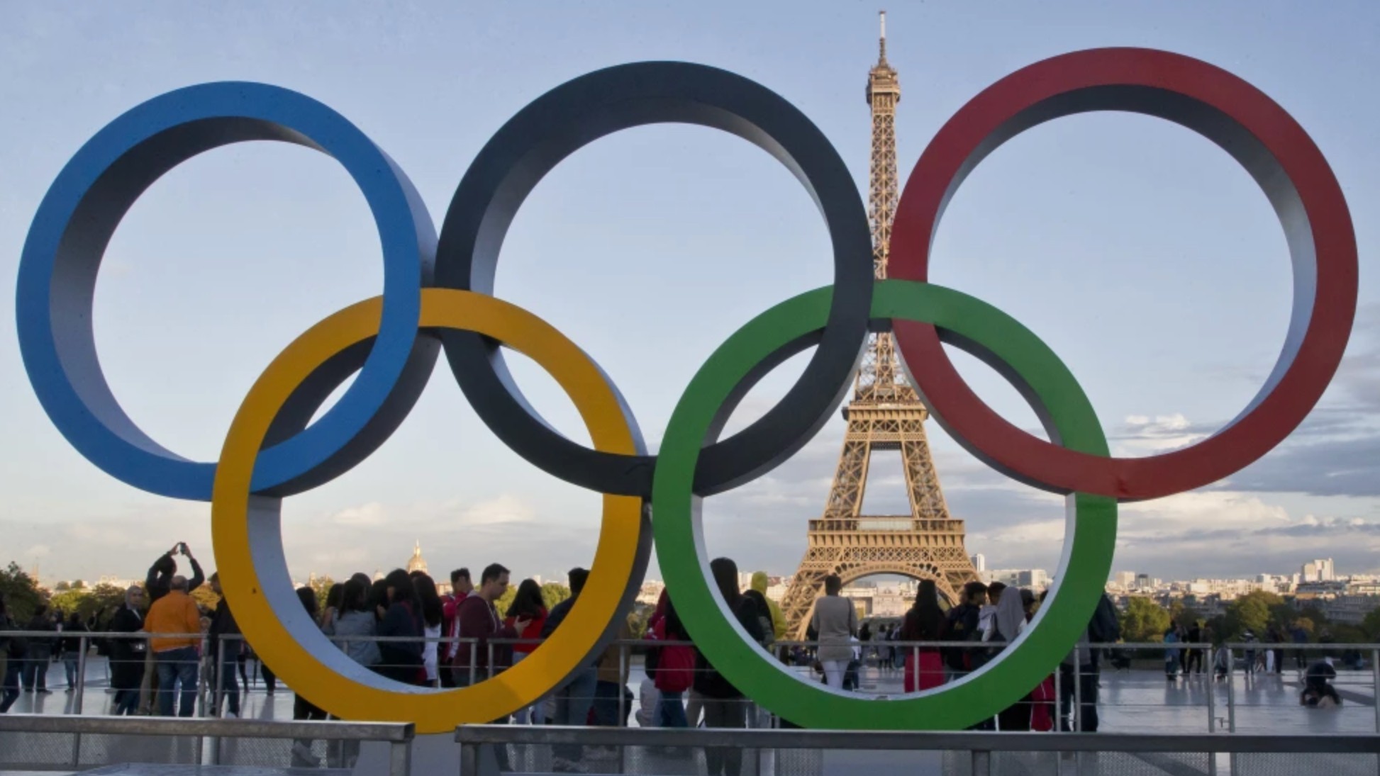 The Olympic rings are set up at Trocadero plaza that overlooks the Eiffel Tower.